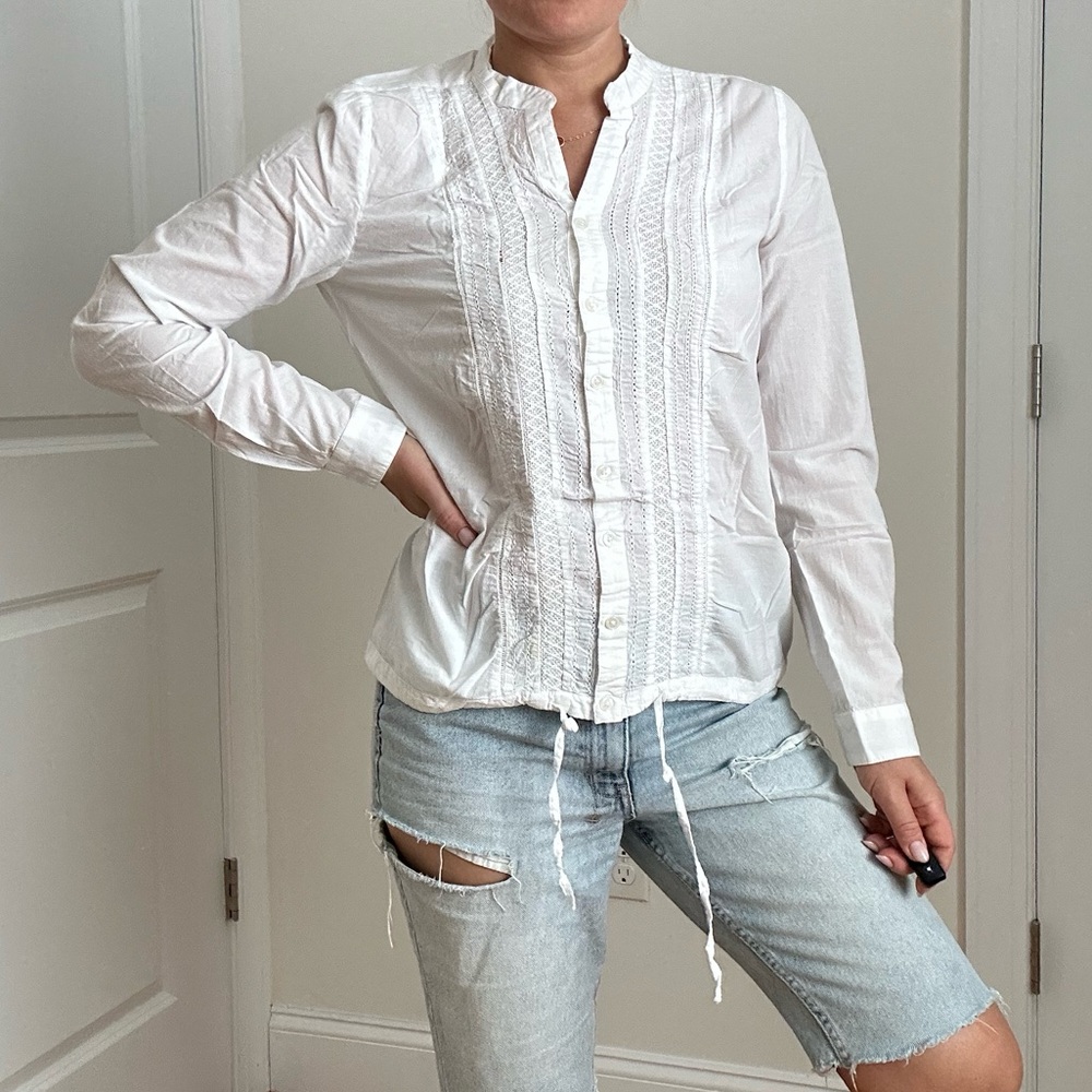 Cotton Embroidered Button Front Shirt with Drawstring Hem